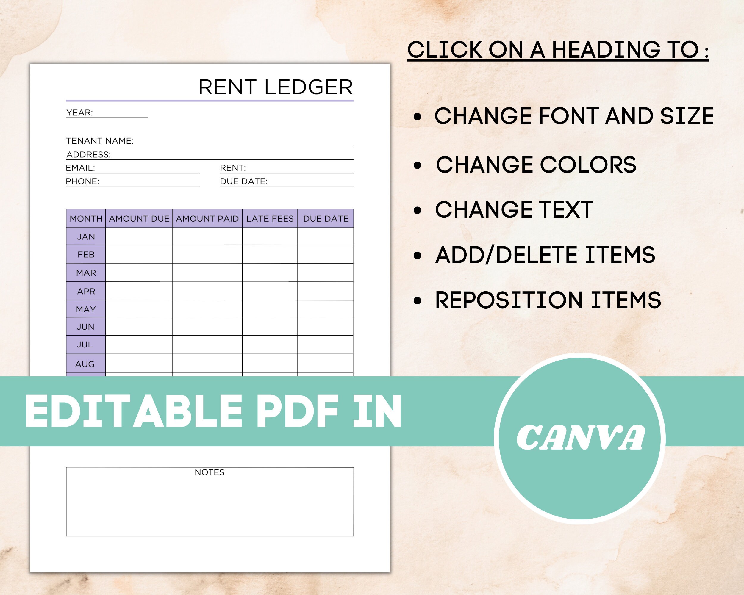 Printable Rent Payment Ledger, Printable Rent Payment Log, Rental ...