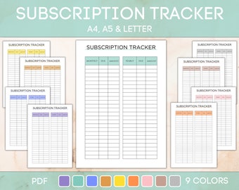 Peut inclure: Un suivi de souscription imprimable en neuf couleurs différentes. Le suivi comporte des colonnes pour les abonnements mensuels et annuels, avec des sections pour la date d'échéance et le montant. Le suivi est disponible en formats A4, A5 et Lettre.