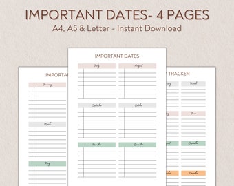 Important Dates Printable and Editable, Birthday Tracker List, Yearly Calendar Reminder, Anniversaries, A4 A5 Letter PDF