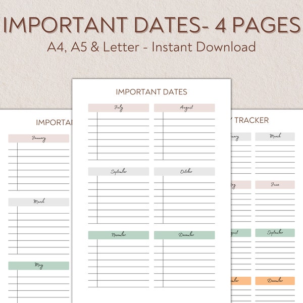 Important Dates Printable and Editable, Birthday Tracker List, Yearly Calendar Reminder, Anniversaries, A4 A5 Letter PDF