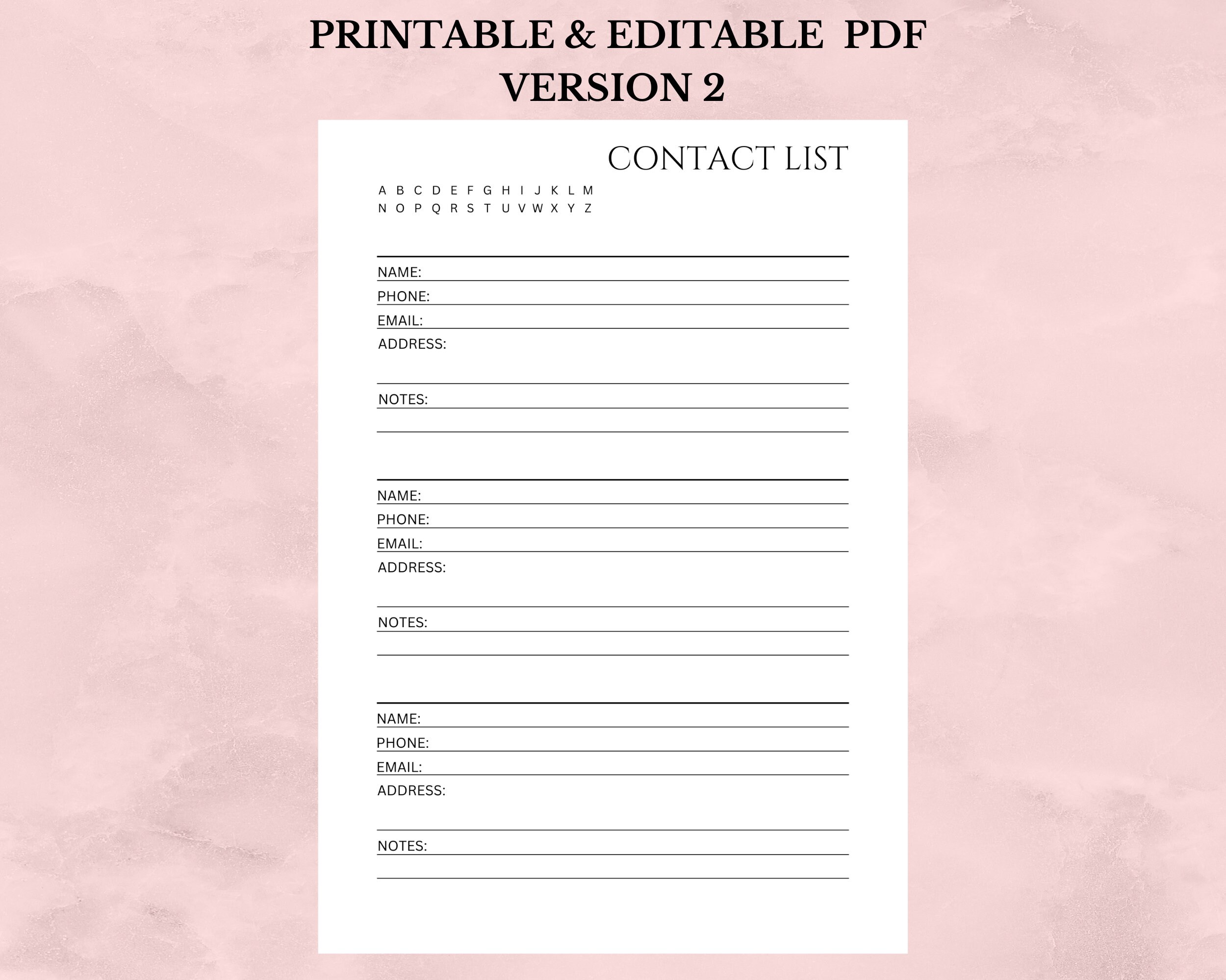 Contacts List Printable and Editable, Address Book, Contact Organizer ...