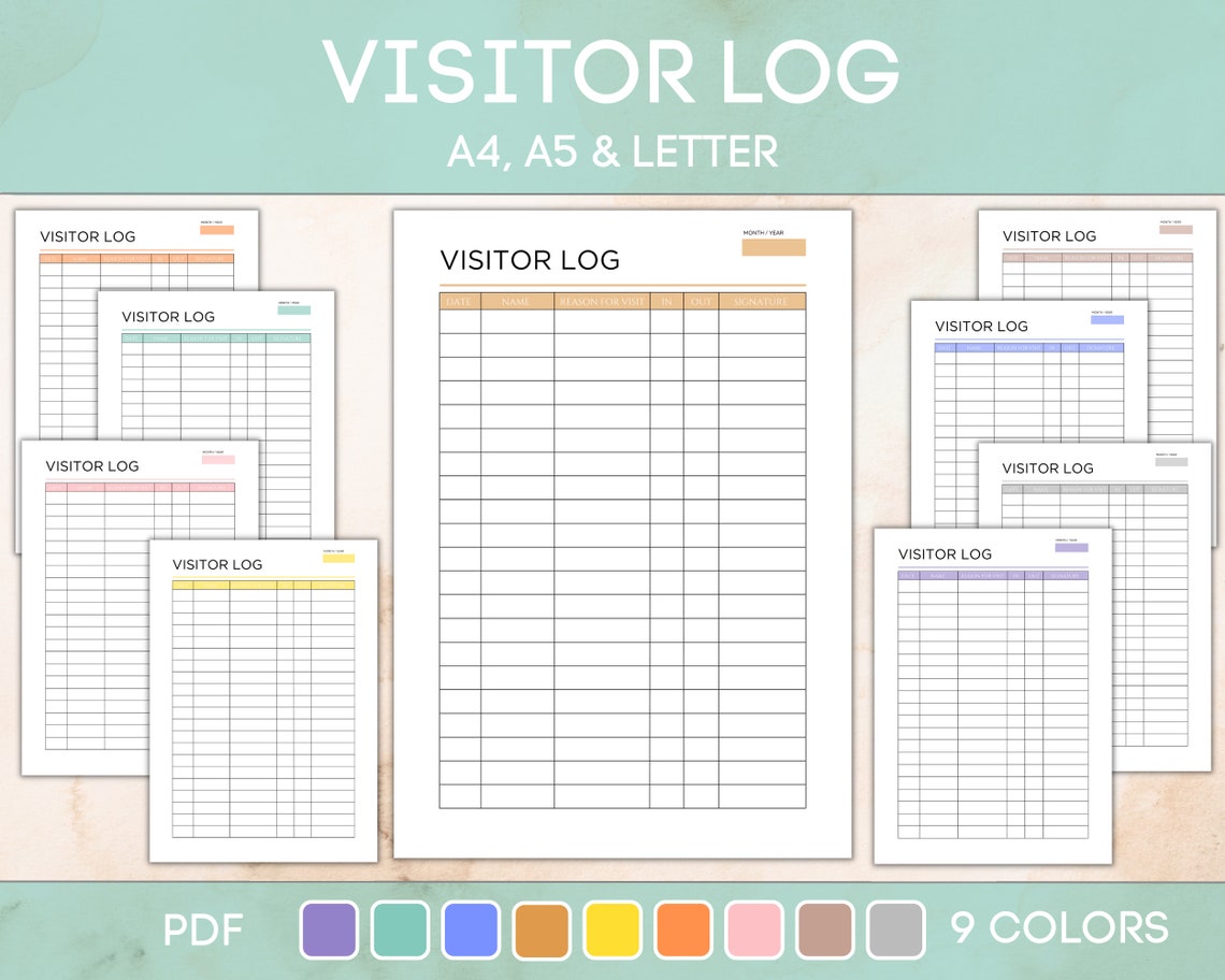 Printable Visitor Log, Visitor Sign in / Sign Out Sheet, Visitor ...