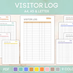 May include: A set of nine printable visitor logs in different colors. The logs are designed for A4, A5, and letter sizes. The text "VISITOR LOG" is printed at the top of each log.