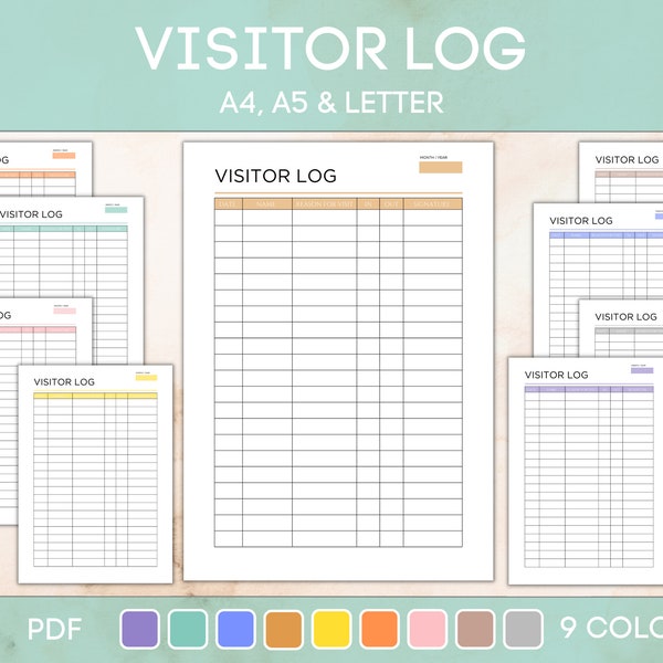 Printable Visitor Log, Visitor Sign in / Sign Out Sheet, Visitor Logbook, Visitor Tracker Template, Visitor book, A4 A5 Letter & Half Letter