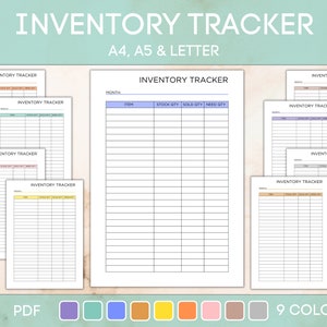 Puede incluir: Nueve plantillas de seguimiento de inventario imprimibles en varios colores. Cada plantilla incluye columnas para el artículo, la cantidad en stock, la cantidad vendida y la cantidad necesaria. Las plantillas están disponibles en tamaños A4, A5 y Letter.