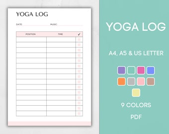 Printable Yoga Log, Editable Yoga Journal, Fitness Planner, Yoga Routine Template,  PDF Instant Download