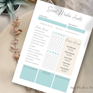 May include: A printable social media audit checklist with a light blue and beige colour scheme. The checklist includes sections for profile brand, content, what's working, what isn't working, and recommendations. The checklist also includes a section for profile brand with social media platforms like Facebook, Instagram, YouTube, Twitter, and Pinterest.