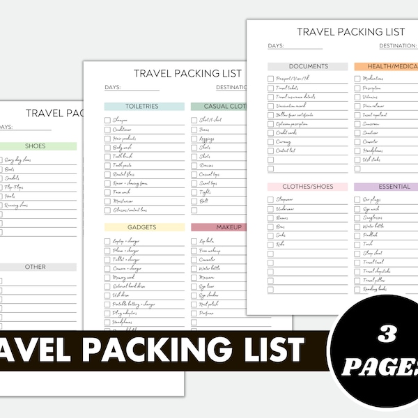 Packing List, EDITABLE, PRINTABLE, Packing List Template, Packing Lists, Vacation Packing List, Packing Checklist, Kids Packing List, PDF
