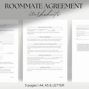 May include: A three-page printable roommate agreement worksheet template in black and white with a minimalist design. The document includes sections for rent and expenses, quiet hours, personal property, communication and conflict resolution, term and termination, and additional terms. The document also includes a section for signatures.