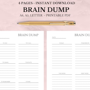 May include: Printable brain dump planner with sections for to do, to call, to email, thoughts, to remember, other, today, tomorrow, this week, and next week. The planner is designed to help you organize your thoughts and ideas.
