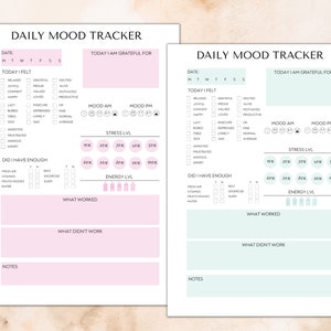 May include: A printable daily mood tracker with sections for tracking mood, stress levels, energy levels, and gratitude. The tracker is designed in a pink and white color scheme with a simple, modern aesthetic.