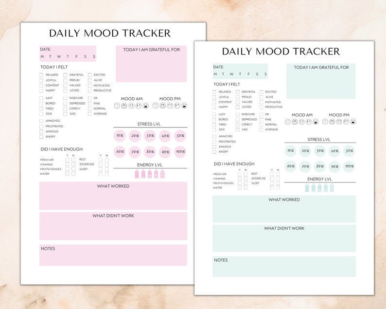 May include: A printable daily mood tracker with sections for tracking mood, stress levels, energy levels, and gratitude. The tracker is designed in a pink and white color scheme with a simple, modern aesthetic.