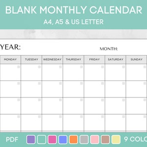 Printable Blank Calendar Template, Editable Calendar, Monthly Calendar Sheet, Calendar Planner, PDF Instant Download