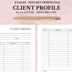 Profil du client imprimable et modifiable, entreprise B2B, journal des informations client, fiche d'informations ou flux de travail, format A4 A5 Letter PDF