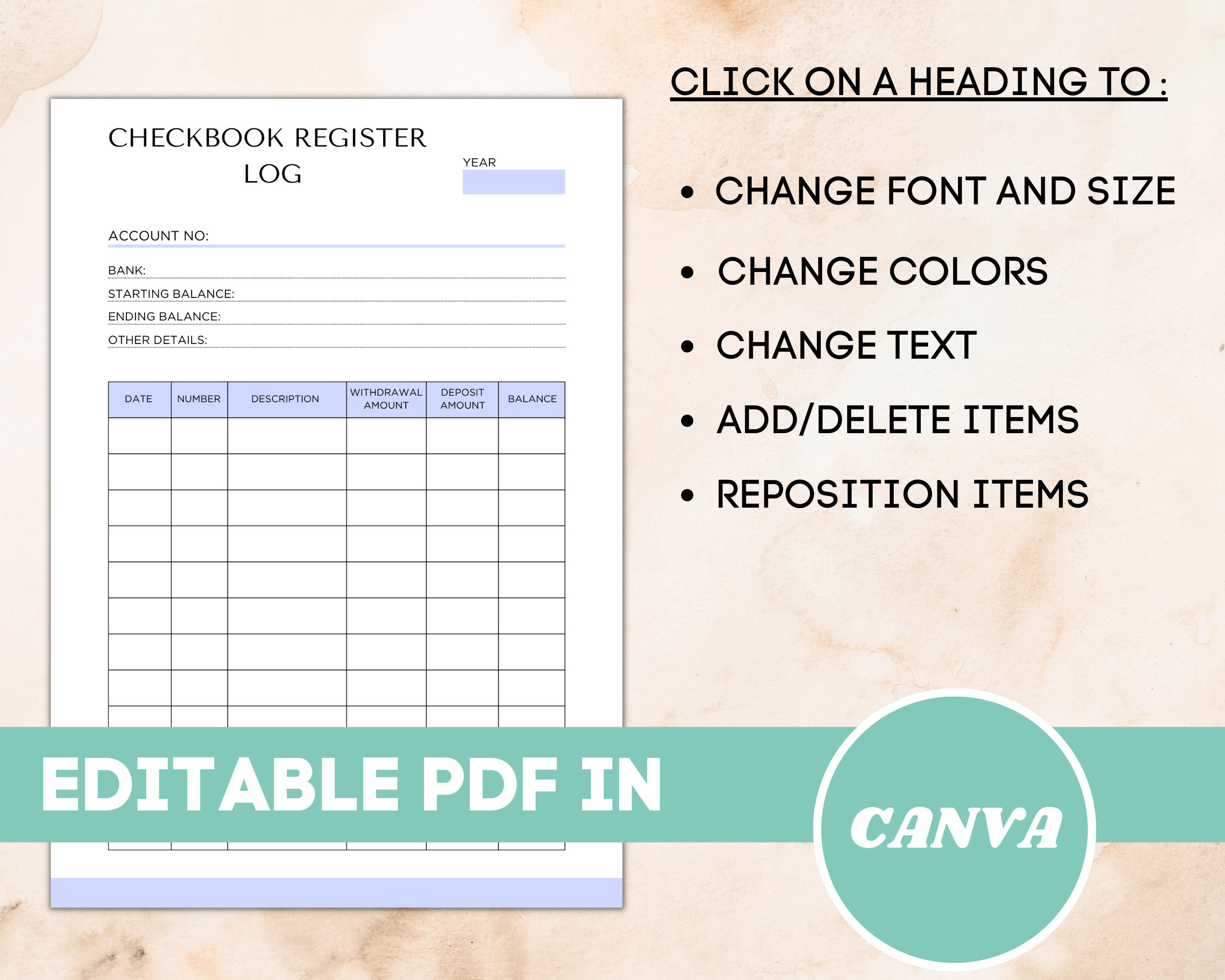 Checkbook Register Printable, Editable Check Register, Checkbook ...
