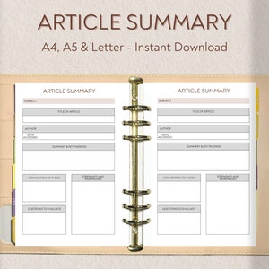 May include: A printable article summary template in A4, A5, and Letter sizes. The template has fields for the subject, title of article, author, date accessed, summary and key findings, connection to thesis, strengths and weaknesses, and questions to evaluate.