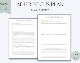 ADHD Focus Plan Worksheets Focus Daily Plan Goal Planner Therapy Focus Tools Productivity ADHD Resources Adult ADHD Journal Self Care