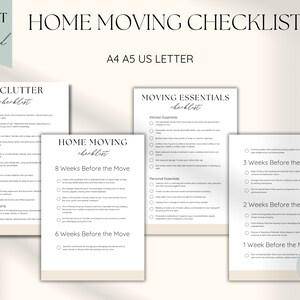 May include: A printable checklist for home moving, with sections for decluttering, moving essentials, and a timeline of tasks to complete 8 weeks, 6 weeks, 3 weeks, 2 weeks, and 1 week before the move. The checklist is titled "Home Moving Checklist" and is available in A4, A5, and US Letter sizes.