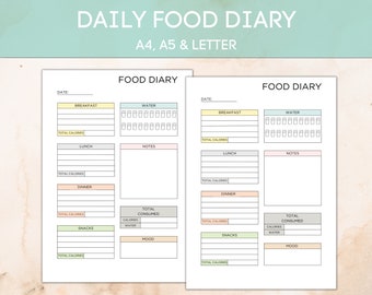 Editable Daily Food Diary, Printable Daily Food Journal, Daily Food Planner, Food Diary, Meal Journal, Meal Log, PDF Instant Download