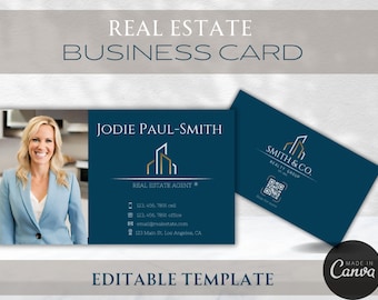 Real Estate Business Card Template, Luxury Business Card Template, Navy blue Business Card, Real Estate Agent, Double-Sided, Editable