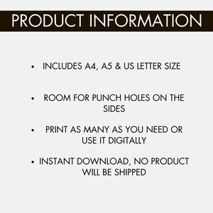 K&ouml;nnte beinhalten: Produktinformationstext auf schwarzem Hintergrund mit wei&szlig;em Text. Der Text beinhaltet: "INCLUDES A4, A5 & US LETTER SIZE", "ROOM FOR PUNCH HOLES ON THE SIDES", "PRINT AS MANY AS YOU NEED OR USE IT DIGITALLY", und "INSTANT DOWNLOAD, NO PRODUCT WILL BE SHIPPED".