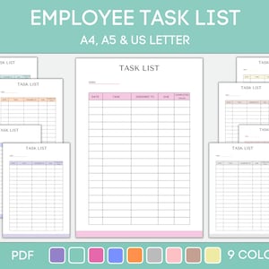 Puede incluir: Una plantilla de lista de tareas imprimible en formato PDF. La plantilla tiene un borde rosa, azul o gris e incluye columnas para la fecha, la tarea, la persona asignada, la fecha de vencimiento y la tarea completada. La plantilla está disponible en 9 colores.
