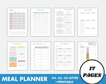 Printable Meal Planner, Weekly Meal Menu, Recipe Sheet, Daily Food Journal, A5 A4 Letter PDF Printable Inserts