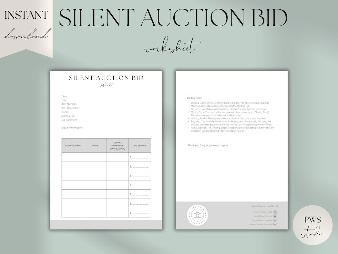 Silent Auction Bid Sheet Editable Template Silent Auction Worksheet ...