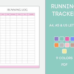 Może przedstawiać: Drukowany tracker dziennika biegowego w formacie PDF. Tracker zawiera kolumny dla daty, czasu, dystansu, tempa, tętna i spalonych kalorii. Tracker jest dostępny w 9 kolorach i w rozmiarach A4, A5 i US Letter.