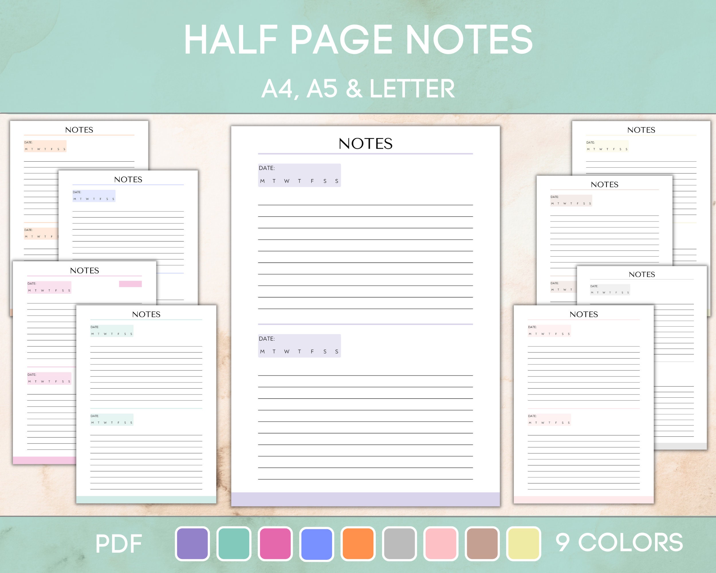Lined Notes Pages, Half Page Lined Notes, Lined Pintable Sheet, Planner Inserts, PDF Instant Download, A4 A5 US Letter
