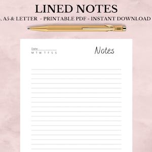 Lined Notes Printable and Editable, Planner Pages, A4 A5 Letter PDF Instant Download
