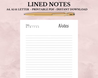 Lined Notes Printable and Editable, Planner Pages, A4 A5 Letter PDF Instant Download