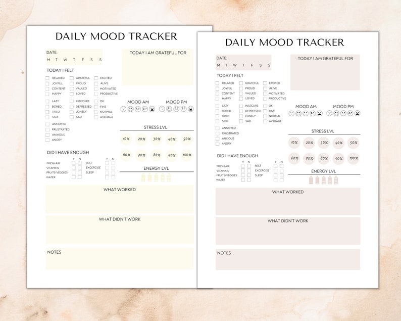 May include: Two pages of a daily mood tracker printable. The pages are beige with black text and checkboxes. The top of each page says "Daily Mood Tracker". The left page has a section for "Today I Felt" with checkboxes for feelings like relaxed, joyful, happy, and annoyed. The right page has a section for "Today I Felt" with checkboxes for feelings like relaxed, joyful, happy, and annoyed. Both pages have sections for "Today I Am Grateful For", "Mood AM", "Mood PM", "Stress Lvl", "Did I Have Enough", "Energy Lvl", "What Worked", "What Didn't Work", and "Notes".
