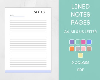 Notes Page Printable, Lined Notes Template, Note Taking, Writing Paper, Notes Planner Insert, A4/A5/Letter, Instant Download PDF