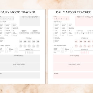 May include: A printable daily mood tracker with sections for date, mood, stress level, energy level, what worked, what didn't work, and notes. The tracker has a light pink background and black text.