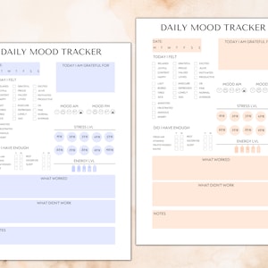 May include: A printable daily mood tracker with sections for tracking mood, stress, energy levels, and gratitude. The tracker includes a checklist for daily habits and space for notes.