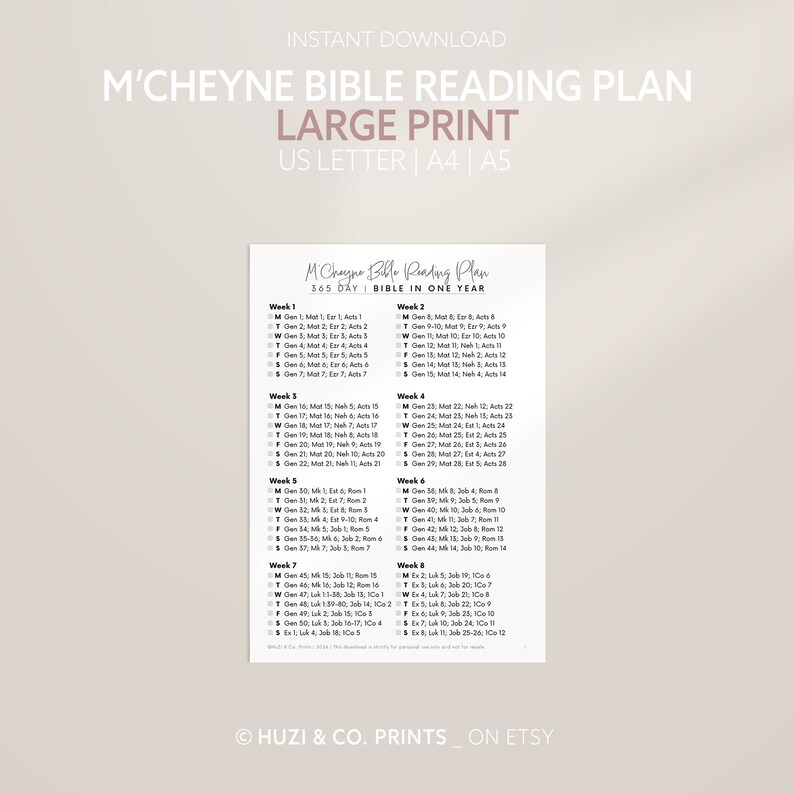 M'cheyne Bible Reading Plan, Large Print Bible Printable, 1 Year Bible ...