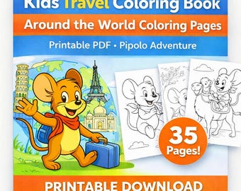 Libro para colorear de viajes para niños / Aventuras del ratón Pipolo, 35 páginas (PDF imprimible)
