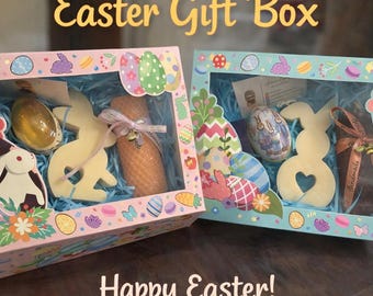 Caja de regalo de Pascua hecha a mano: vela de conejito de soja y jabón de aloe