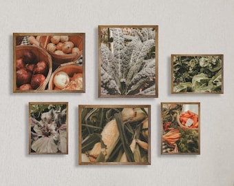 Könnte beinhalten: Eine Sammlung gerahmter Drucke mit Gemüse und botanischen Motiven, darunter Zwiebeln, Grünkohl und Mais. Die Rahmen sind braun, und die Drucke sind an einer weißen Wand über einem Holzschrank angebracht. Weiße Keramikvasen und -schalen sind mit Zitronen gefüllt.