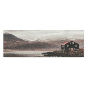 Iceland Boathouse Canvas Art- Iceland inlet-  Fjord Landscape- Coastline decor- Fishing Town- Travel Photography- Mountain scenery