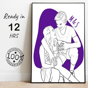 Engagement portait, Engagement painting from photo, Engagement drawing from photo, line art painting, line art drawing, line illustration