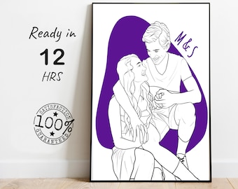 Engagement portait, Engagement painting from photo, Engagement drawing from photo, line art painting, line art drawing, line illustration