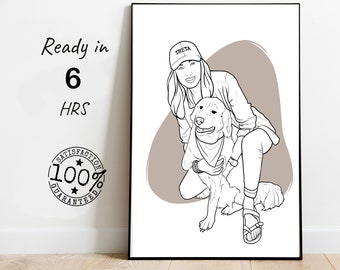 custom one line drawing portrait from picture, couple faceless portrait, outline portrait, line art digital portrait, pet lover gifts, dog