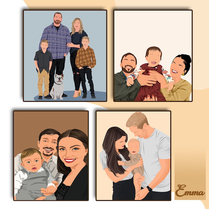 custom family cartoon painting from photo, personalized couple portrait drawing, faceless portrait illustration gift, faceless portrait image 3