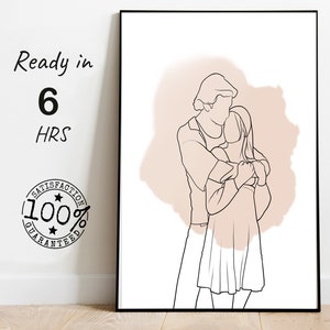 engagement photo painting, one line portrait, couple outline drawing, Father's Day gift, digital download, anniversary gift for couple
