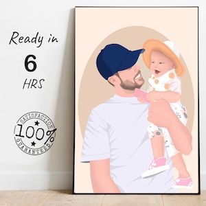 Gift for man, personalized father birthday gift, dad and girl portrait painting, custom gift for dad birthday, cartoon portrait for daddy