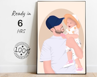 Gift for man, personalized father birthday gift, dad and girl portrait painting, custom gift for dad birthday, cartoon portrait for daddy