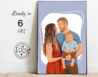 Cadeau portrait de famille, Cadeaux pour maman, Cadeau de famille personnalisé, Portrait sans visage, Impression numérique, Portrait personnalisé d'anniversaire, Illustration de famille