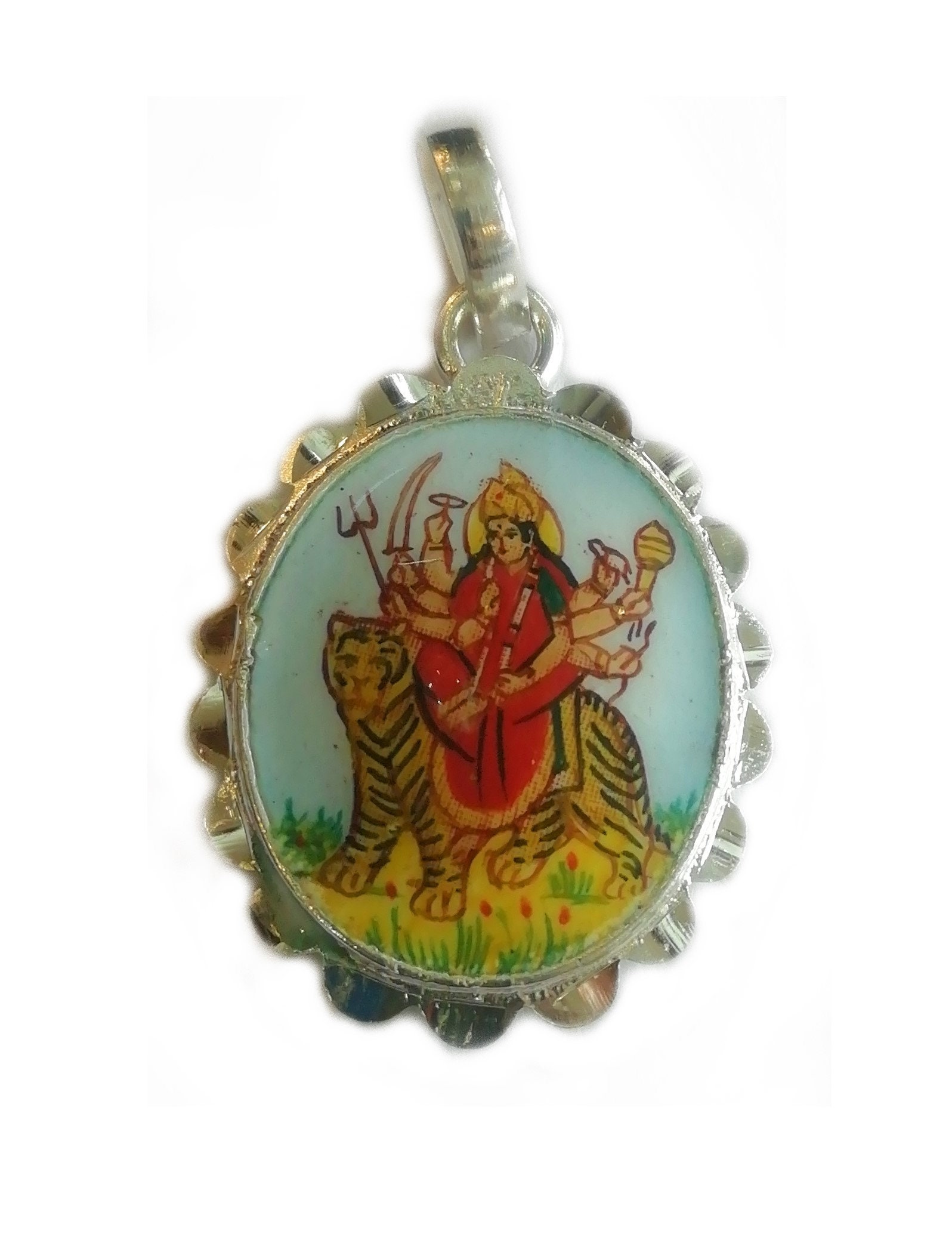 Pure Sterling Silver Durga Mata Hand Painted Meenakari Pendant for